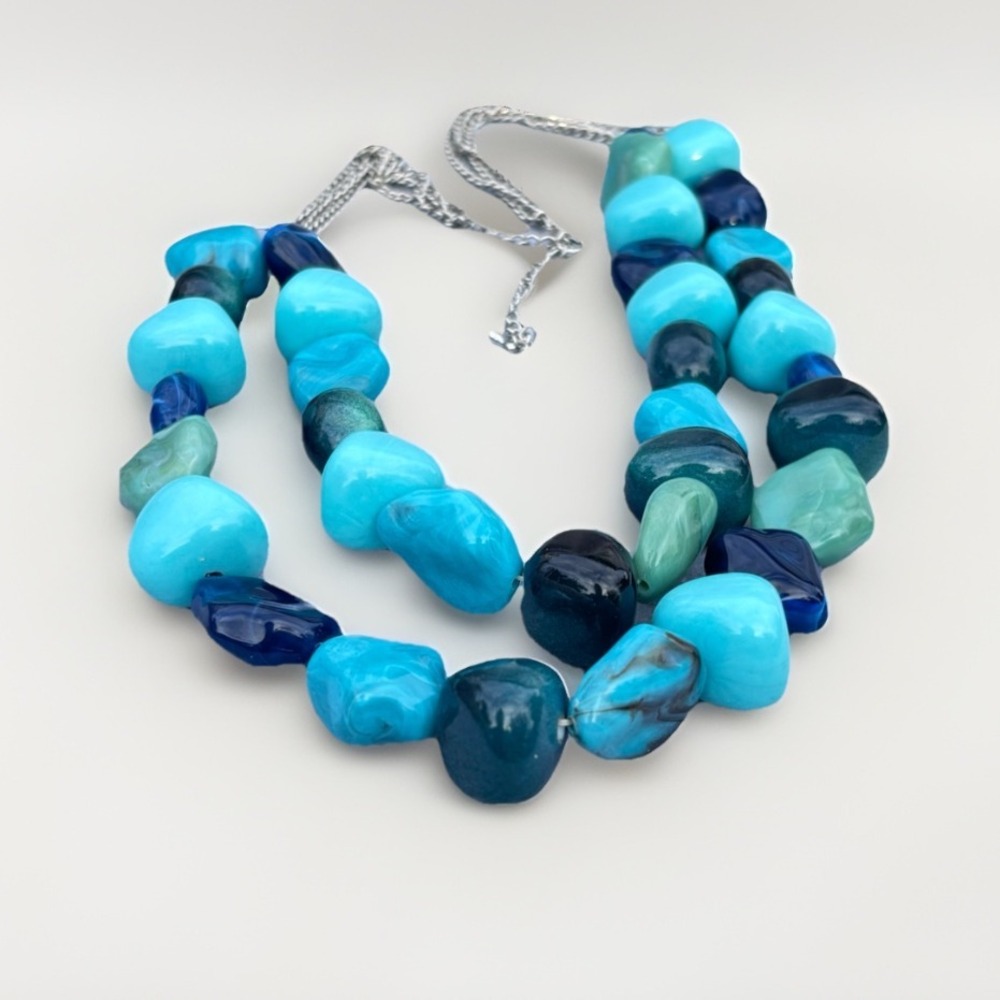 Chunky Faux Turquoise Blue Green Beaded Layer Necklace Statement Jewelry Vintage